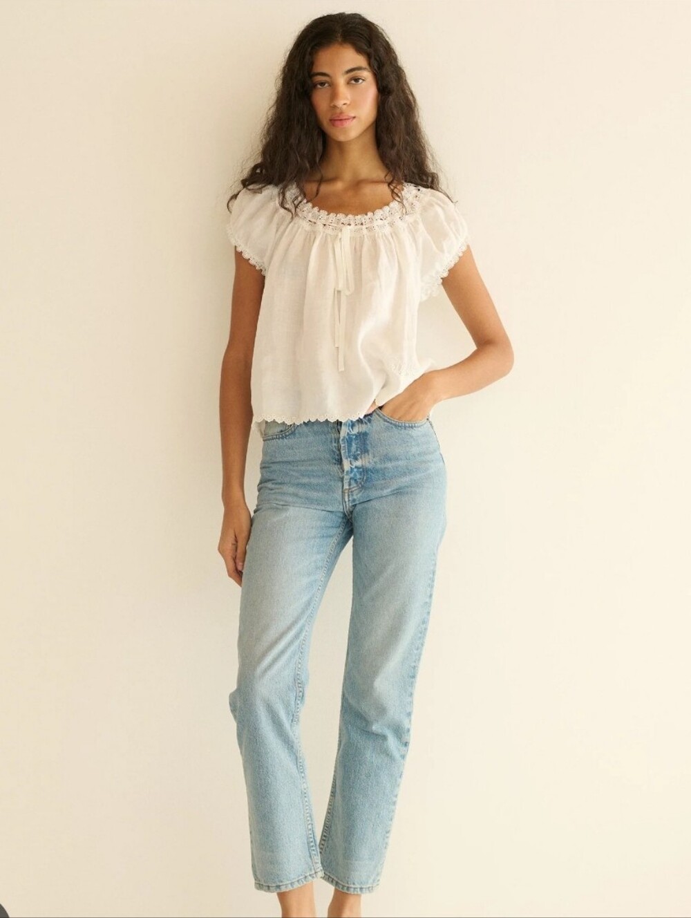Women's White Blouse - DÔEN Marinette Vintage Inspired Peasant Embroidery Size M - Picture 2 of 13